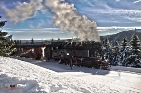 Old Steamtrain - nature, railroad, snow, winter, steam, mountains