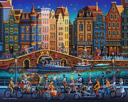 Amsterdam - netherlands, houses, people, artwork, colorful, canal, bicycles, bridge