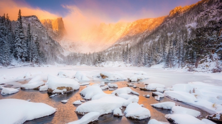 fantastic river in winter - sunshine, forest, river, winter, fog, mountains