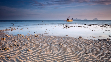 boat off a rippled beach - beach, ripples, sea, sand, boat