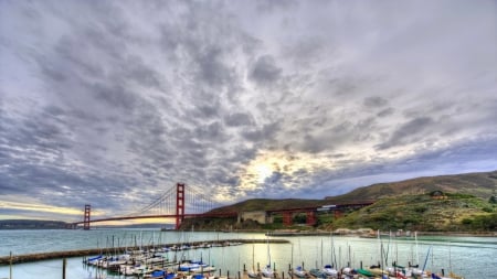 golden gate gate bridge above a marina hdr - clouds, boats, marina, hdr, bridge, bay