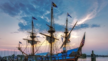 beautiful old sail ship docked in kalmar sweden hdr - masts, people, sail ship, flags, hdr, dusk, dock