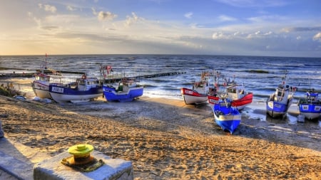 a fleet of colorful boats in postomino poland hdr - boats, beach, hdr, sea, colors