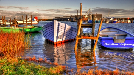 row boats in a harbor in hemmet denmark hdr - boats, docks, hdr, harbor, grass, colors