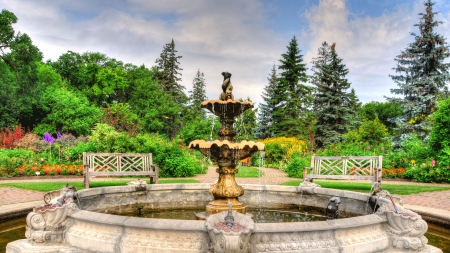 beautiful fountain in assiniboine garden in canada hdr - benches, fountain, paths, hdr, garden