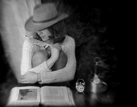 My story - girl, hat, clock, story, book