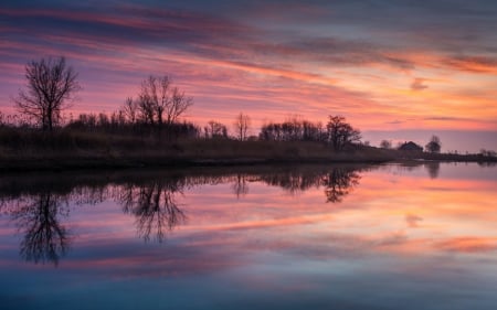 Pink Sunset - nature, lake, clouds, scenery, sunset, shadow