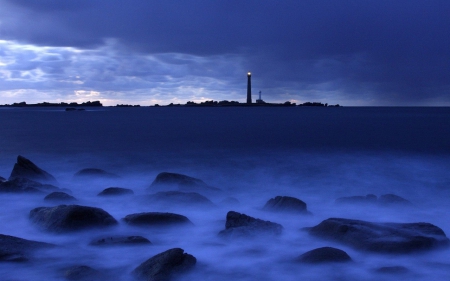 Lighthouse - morning, nature, sky, ocean, lighthouse, clouds, blue, mist