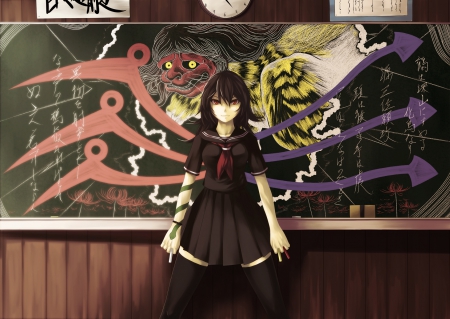 Houjuu Nue - skirt, thighhighs, black hair, red eyes, touhou, houjuu nue, chalkboard, anime, clock