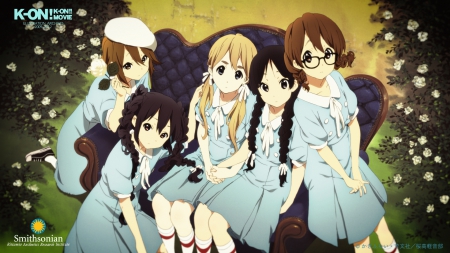 K-On!!! - hat, tainaka ritsu, dresses, anime, akiyama mio, nakano azusa, flowers, k on, braids, glasses, rose, friends, kotobuki tsumugi, hirasawa yui