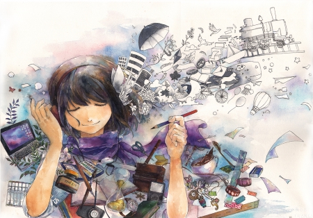 Imaginate & Create - whale, black hair, pencil, train, paintbrush, balloons, umbrella, paper airplanes, anime, cat, girl, computer, ipod, scarf, buildings, headphones, fish