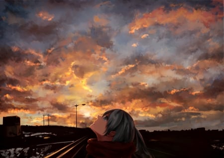 Hatsune Miku - vocaloid, anime, sunset, kawaii, eyes, hatsune miku, long hair, sky