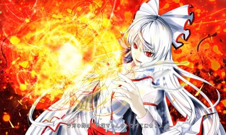 Burn!! - shirt, fox girl, long hair, anime girl, fire, fujiwara no mokou, red eyes, cigarette, touhou, bow, anime, smoking, white hair