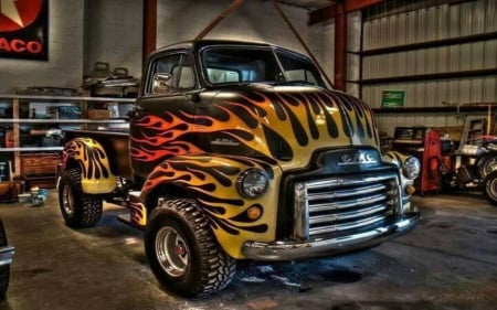 GM Fire - cartoon trucks, cars, trucks, flames, cartoons