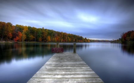 Down at the Dock - trees, water, blue, wood, colors, forest, reflection, nature, autumn, lake, sky