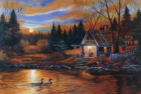 â˜…Romantic of Lakesideâ˜… - sky, trees, animals, cottages, lakes, cool, sunsets, paintings, lakeside, attractions in dreams, boats, couple, cabins, lovely, love four seasons, ducks, holidays, beautiful, colors