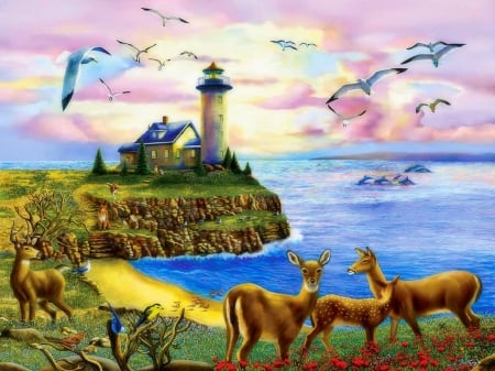 ★Visitors of Lighthouse★ - attractions in dreams, flying birds, spring, dolphins, seagull, sky, oceans, waterscapes, beautiful, paintings, colors, lovely, all lighthouses, nature, deer, love four seasons, animals