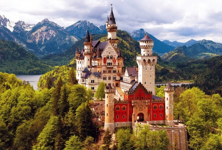 Neuschwanstein - trees, Neuschwanstein, beautiful, majestic, forest, lovely, photo, peaks, mountain, river, view, cliffs, castle, rocks