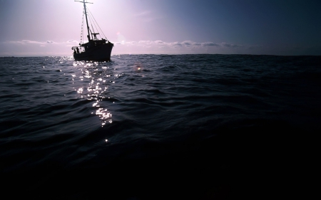 Dark Boat On Sea - cloud, sky, clean, water, sunshine