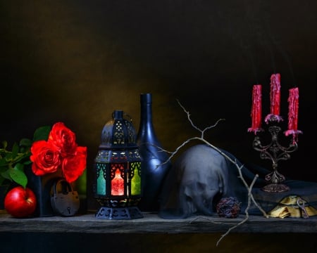 Still life - skull, candle, lamp, still life