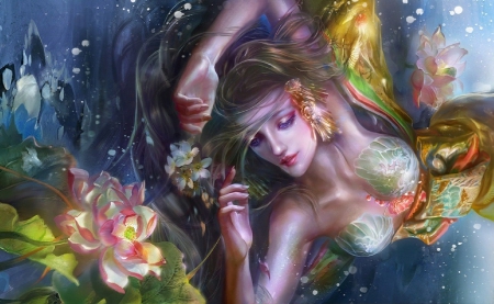 Lotus Dreams - beauty, woman, serene, female, girl, lovely, fantasy, cg, lotus, art, pretty, mermaid, beautiful, digital, sea