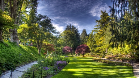 wonderful butchart gardens in victoria canada hdr - flowers, path, trees, people, gardens, hdr, lawn