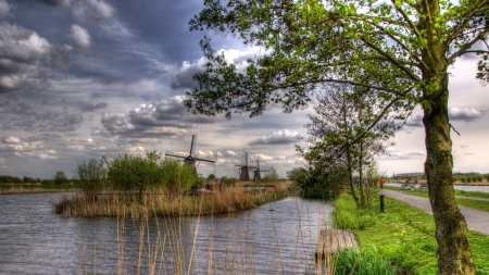 windmills on a canal in kinderijk holland hdr - path, trees, hdr, benches, canal, grass, windmills