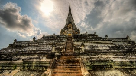 magnificent ancient oriental temple hdr - clouds, spire, temple, pyramid, steps, hdr