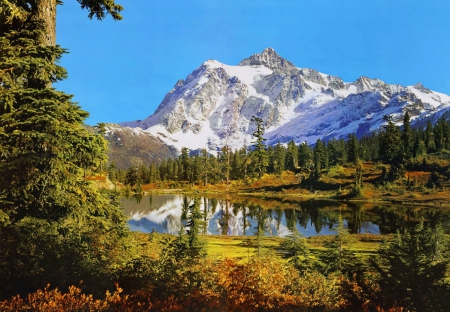 Rocky mountains - trees, beautiful, snowy, landscape, lovely, reflection, crystal, mountain, peak, cliffs, lake, sky, rocks