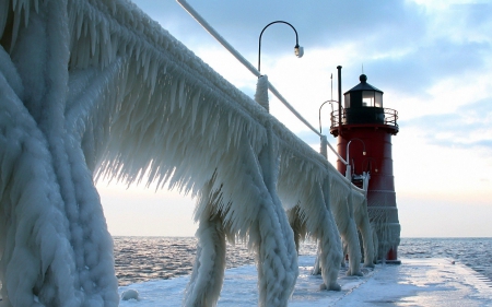 Frozen Pier - ice, frosty, lighthouse, ocean, water