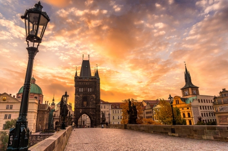 Prague - street, sky, prague, sunset, buildings, road, nature, town, lanterns, clouds, splendor, city, bridge, sunrise