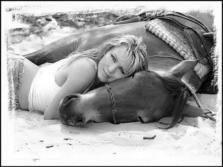 Love of horses - black, white, horse, woman