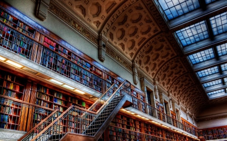 Library - book, learn, wood, stairs, old, library, room, retro, interior design, college, windows, books