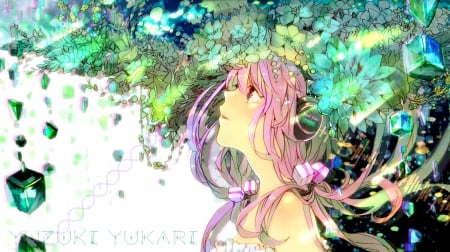 ~Yuzuki Yukari~ - pretty, headphones, vocaloid, anime, long hair, purple hair, yuzuki yukari, flowers