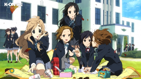 Bad Day For A Picnic!! - tainaka ritsu, anime, food, picnic, grass, long hair, leaves, akiyama mio, nakano azusa, short hair, k on, uniforms, friends, students, kotobuki tsumugi, hirasawa yui