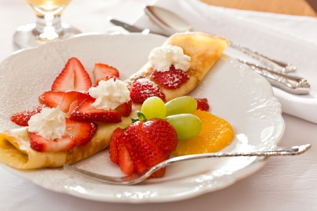 Strawberry Crepe - abstract, strawberries, strawberry, grape, delicious, crepe, sweet, plate, white, red, fork