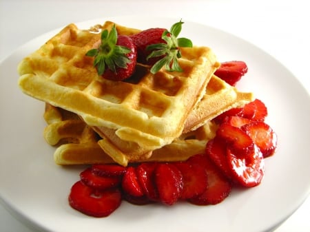 Strawberry Topped Waffles - red, sweet, plate, abstract, shadow, strawberries, white, waffles, fruit, texture