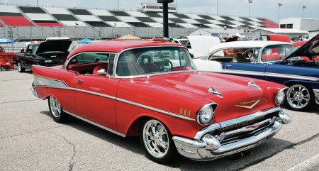 1957-Chevrolet-Bel-Air - classic, bowtie, chrome wheels, red