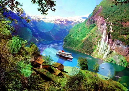 Happy Beautiful Holiday! - trees, waterfalls, waterscapes, attractions in dreams, rivers, romantic, photography, cruise ships, boats, places, landscapes, mountains, love four seasons, sky