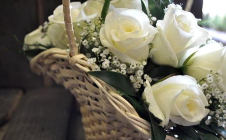 Beautiful basket of white roses - wedding, beauty, flowers, white roses, basket, bride