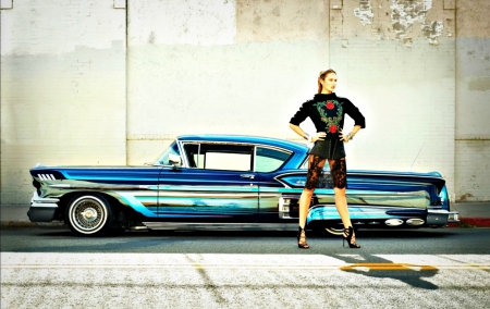 Candice Swanepoel - woman, car, girl, blue, candice swanepoel, model, retro