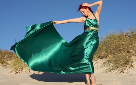 Model - summer, wind, model, girl, dress, redhead, silk, woman, green