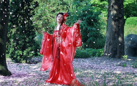 Lady in red - woman, lady, girl, dance, japanese, asian, model, spring, pink, red, petals, green, kimono