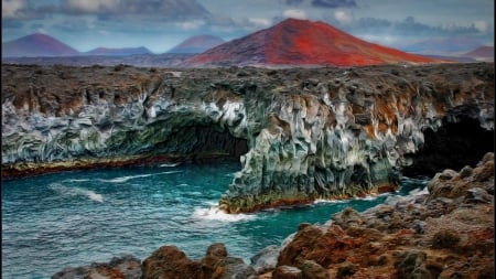 amazing caves in rocky coastline hdr - caves, inlet, coast, hdr, sea, mountain, rocks