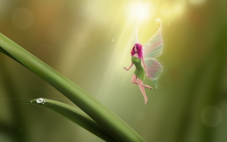 Fairy - grass blade, girl, water drops, wings, pink hair, fantasy, pink, green, fairy, little