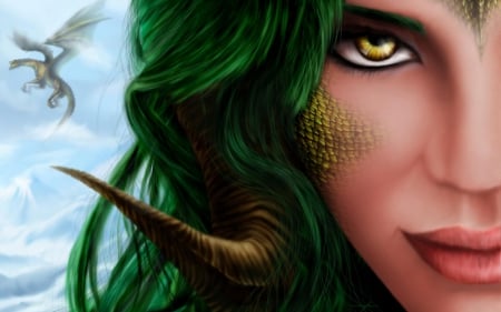 Fantasy girl - woman, girl, game, dragon, green, eye, fantasy, horns