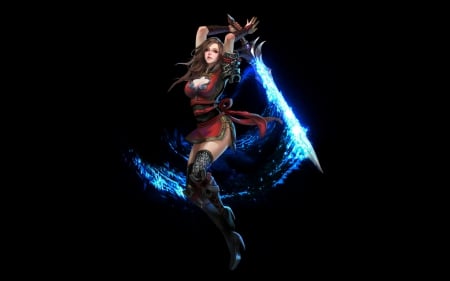 Fantasy girl - red, sword, black, game, girl, blue, background, fantasy, woman