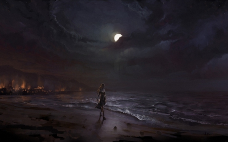 Walk on the seashore - moon, water, summer, beach, girl, sea, night, walk, painting, cloud, art