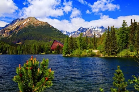 Vacation in Tatras - sky, trees, hotel, clear, vacation, calm, clouds, house, tatra, branches, lake, mountain, shore, lovely, serenity, forest, blue, beautiful, rest