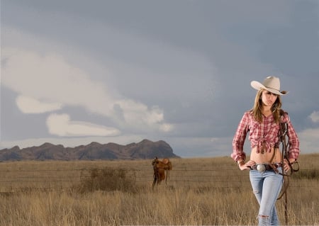 High Plains Cowgirl - women, fun, sky, models, female, jeans, hats, cowgirls, western, saddles, style, fields, leather, fashion, fences, ropes, country, beautiful, ranch